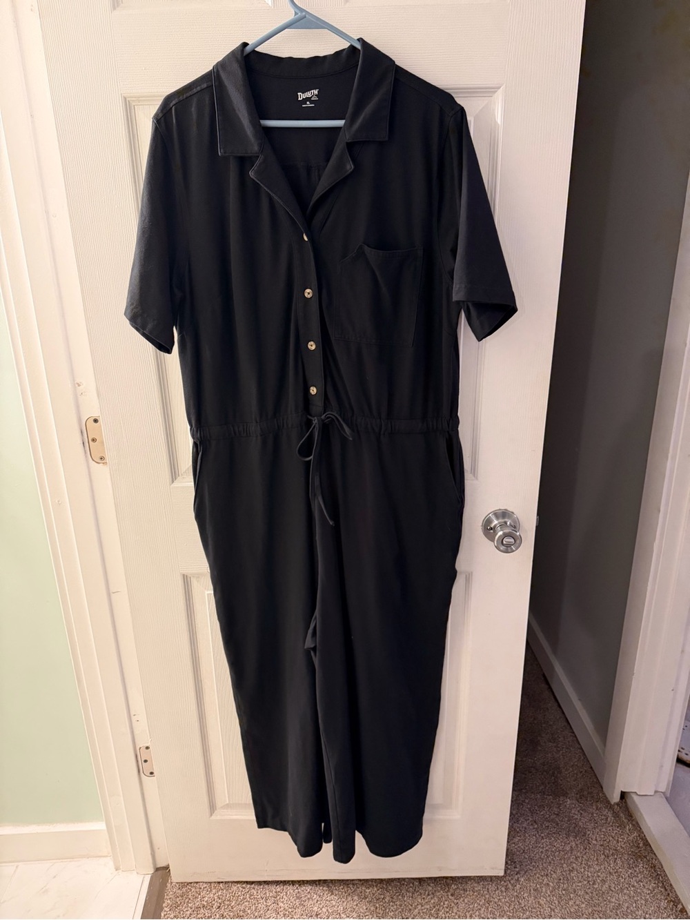 Duluth Trading Co Black Short-Sleeve Button-Front Jumpsuit